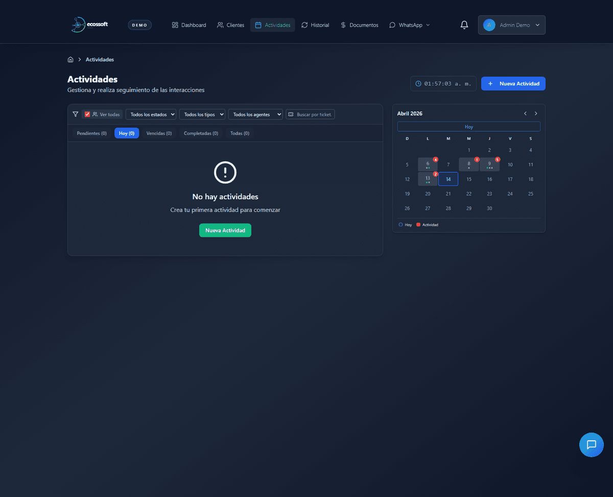 Vista real de actividades en Orbit CRM