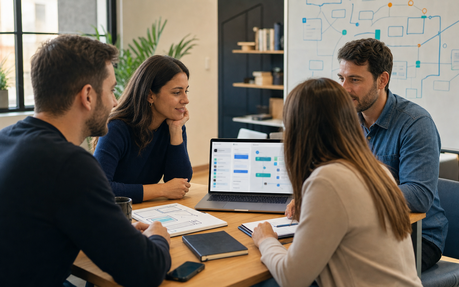 Equipo de software revisando una interfaz y flujos de trabajo con un cliente